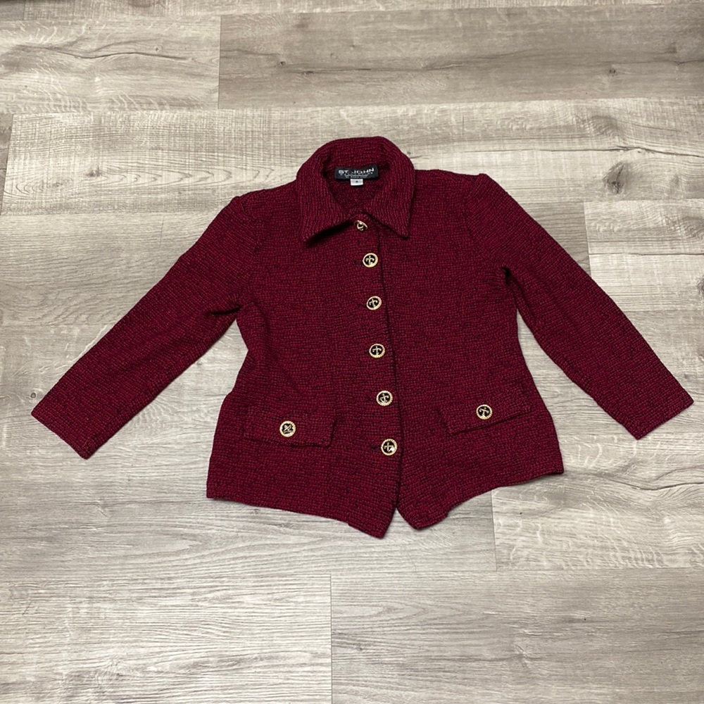 St John Collections by Marie Gray Crimson/Black/Metallic YarnTweed Blazer - Picture 3 of 14